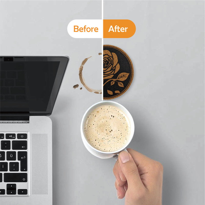 Black Rose Cork Round Coaster Set with Metal Holder