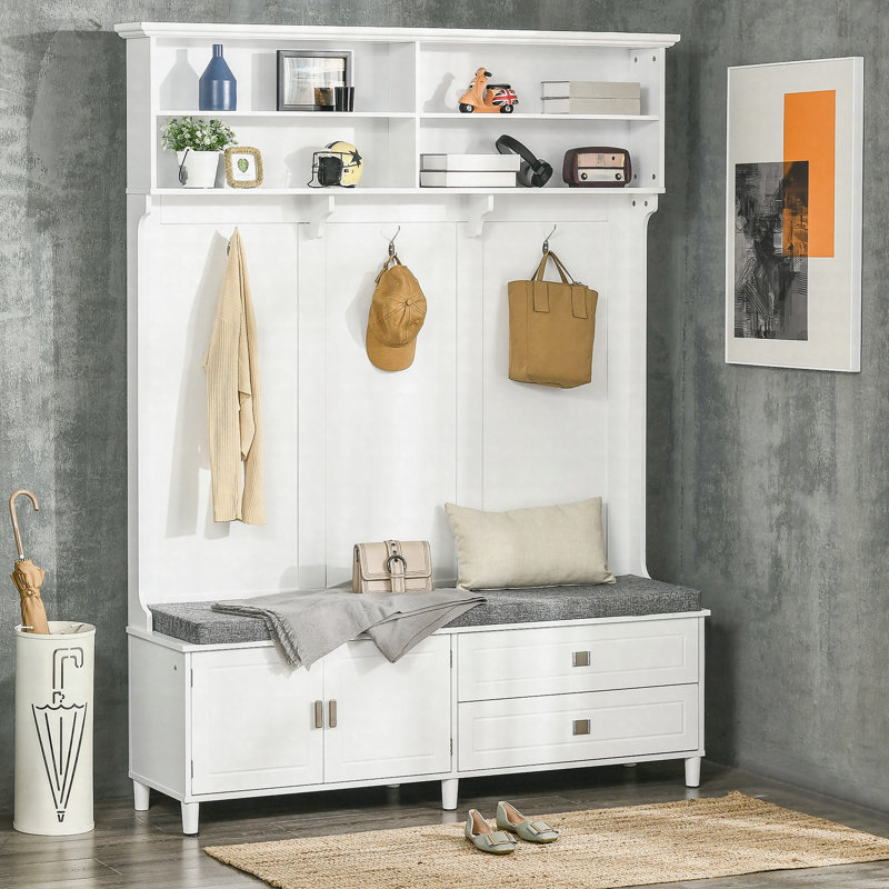 Arbre d'entrée avec banc de rangement, portemanteau, tablettes, armoire et tiroirs pour le vestibule, blanc