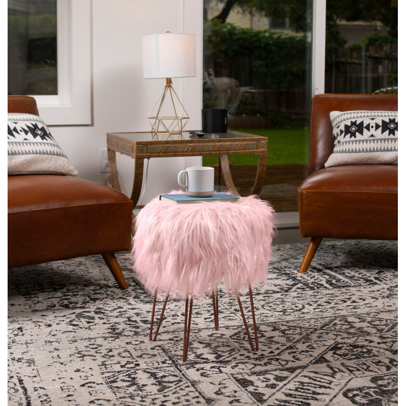 BirdRock Home 14.5" Round Faux Fur Vanity Stool, Pink, Pink Faux Fur
