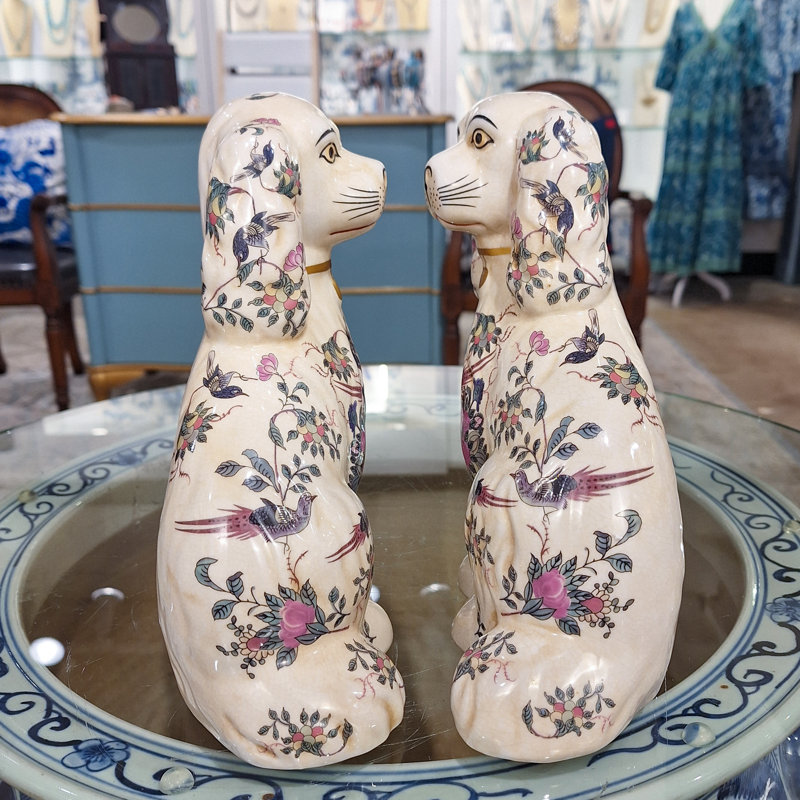 Porcelain Staffordshire Dog Figurines Pair, White floral