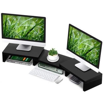 Dual Monitor Stand Riser Office Desktop Organizer Stand For 2 Monitors, Adjustable Length And Angle 3 Shelf, Extra Long Multifunctional Stand Up To 48.2"