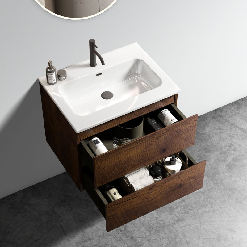 Meuble-lavabo en céramique 24 po noyer - Design avant-gardiste, rangement généreux, silencieux, spacieux, Noyer