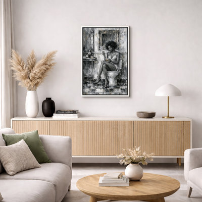 Black and White Woman with Drink Modern Portrait Artwork, Bedroom Pictures, Framed Canvas Giclee Print Wall Art