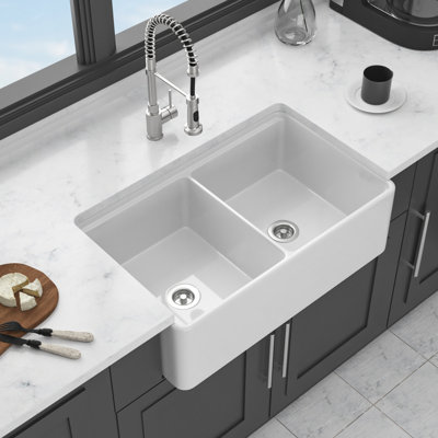 33-Inch White Ceramic Sink - Double Basin For Multitasking, Smooth Glazed Surface, Space Track, Comes With Dish Grid, Basket Strainer, Cutting Board And Drying Rack