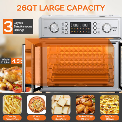 29.5QT Large Capacity French Double-Door Air Fryer Convection Toaster Oven, 1700W, 14 Preset Menus, 7-in-1 Multi-Function (Bake, Roast, Gril,Toast,Dehydrate&Defrost), Stainless Steel,silvery