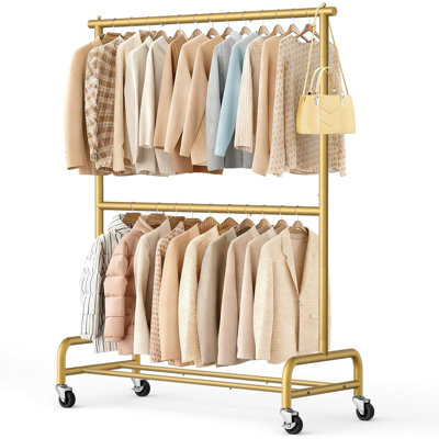 Double Rod Heavy Duty Clothes Racks for Hanging Clothes Rack, Metal Rolling Garment Rack With Wheels Clothes Hanger Rack Wardrobe Rack for Coats, Shir