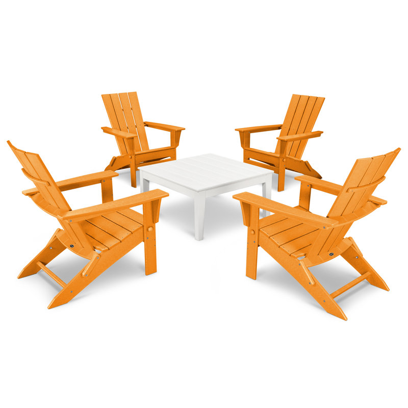 POLYWOOD Quattro Folding Chair 5-Piece Conversation Set, Tangerine/White
