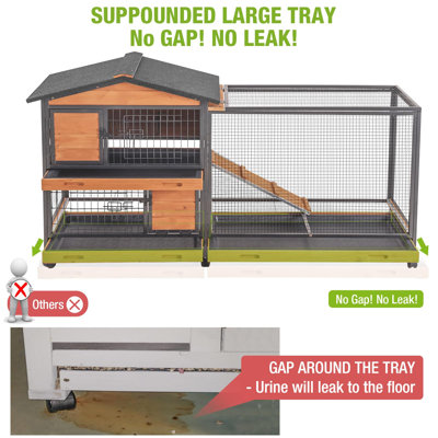 Clapier à lapins de grande taille (157 cm) à 2 étages avec structure métallique pour intérieur et extérieur, cage en bois avec 6 roulettes verrouillables, rampe anti-rongement, 3 plateaux amovibles étanches pour lapins, cochons d'Inde et petits animaux de compagnie.