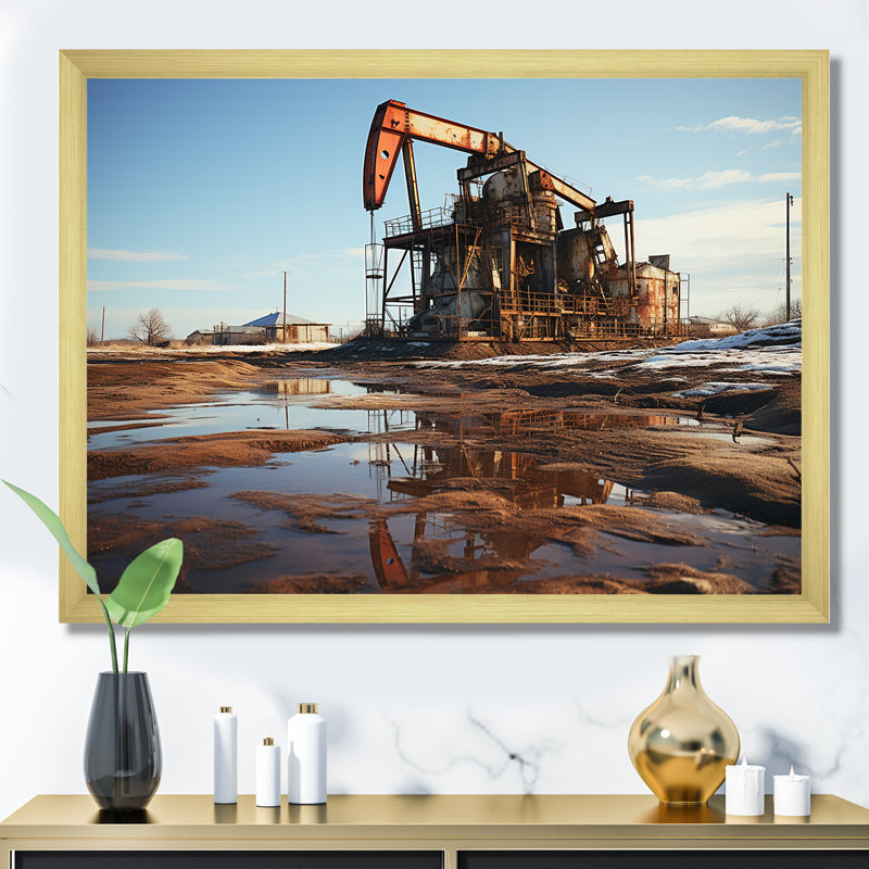 «Oill Drilling Rigs Field Winter Landscape», impression sur toile, H 34 po x l 44 po x P 1,5 po, Cadre doré simple