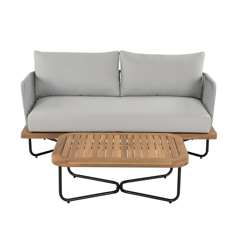 Louie Outdoor Acacia Wood Rope Woven Conversation Set, Gray, Gray Rope/Teak