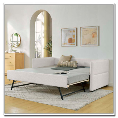 Boucle Fabric Daybed with Trundle Upholstered Sofa Bed
