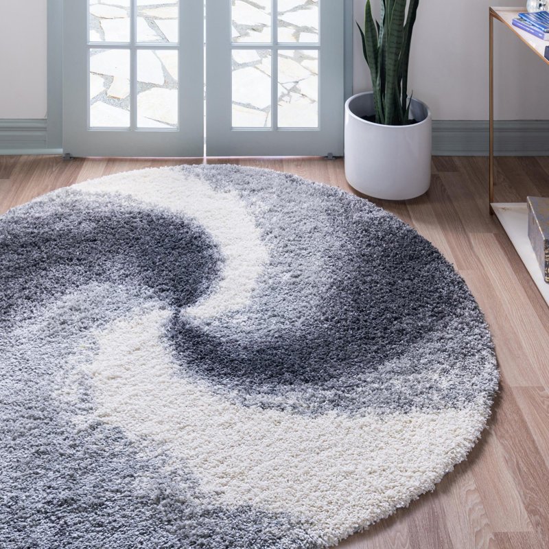 Tapis abstrait en polypropylène tissé à la machine Mattis gris / blanc, Rond 8 pi