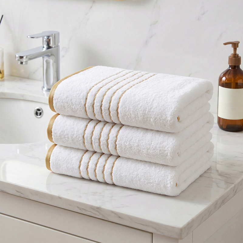 3-Pack Polyester Bath Towels with Gold Lines