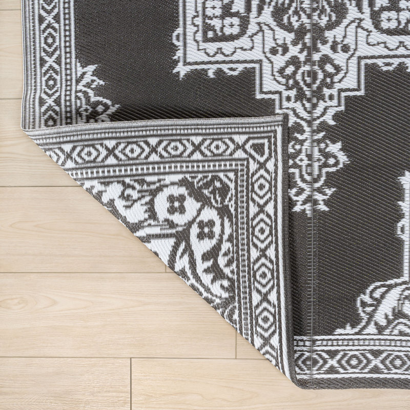 Tapis d'extérieur pliable et imperméable en paille Dory Medallion Border, Gray/White, Rectangle 9' x 12'