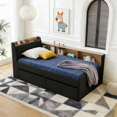 Twin Size Upholstery Velvet Height Adjustable Day Bed with Storage Headboard and Wireless Charging
