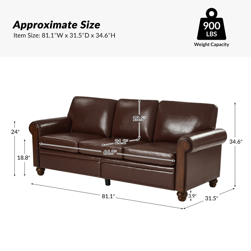 Cintia 81" Vegan Leather Sofa with Wooden Decoration Rolled Arms, Brown