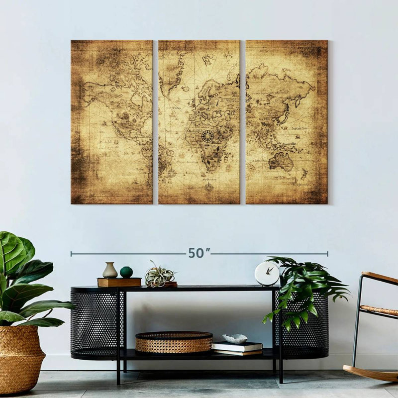 Carte du monde antique sur toile, ensemble de 3 pièces, H 32 po x l 50 po x P 1,25 po
