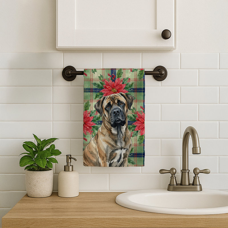 Brindle Mastiff Christmas PoinsettIas Kitchen Towel, Brindle Mastiff