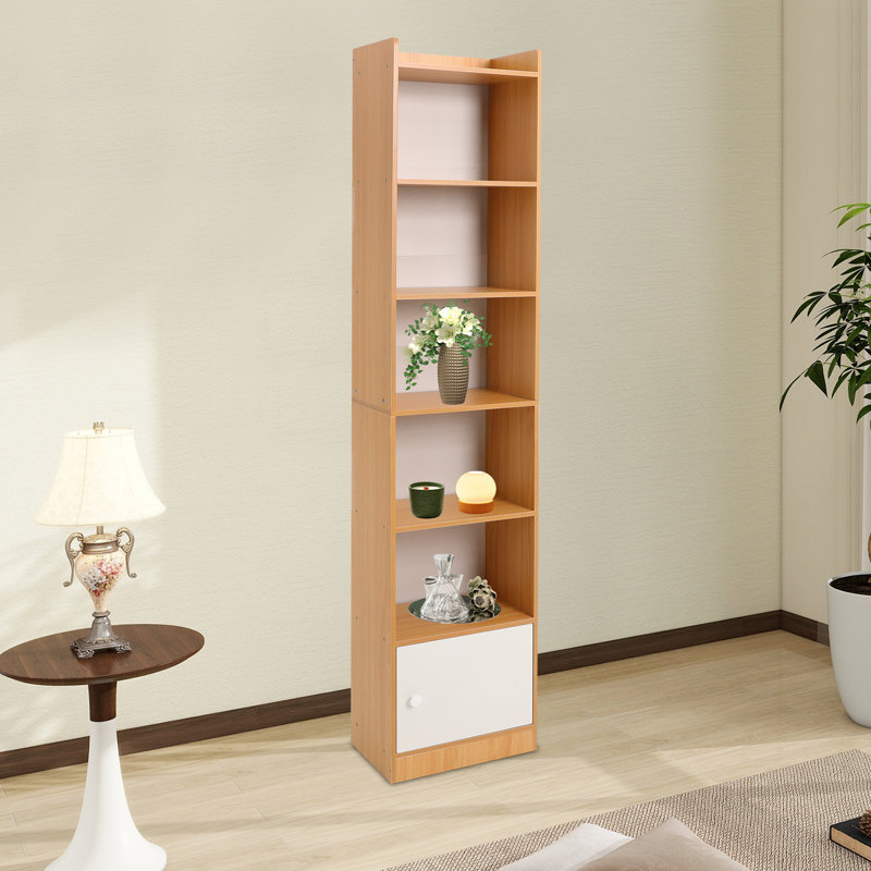 6-Tier Freestanding Storage Cabinet Narrow Corner Bookcase Storage Shelf With Door, Wood Color
