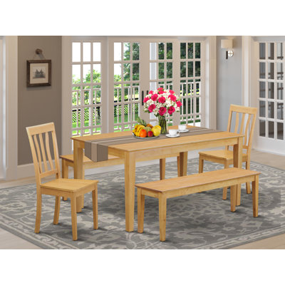 5 Piece Dining Table Set for 4 Includes a Rectangle Kitchen Table and 2 Dining Chairs with 2 Benches, Oak