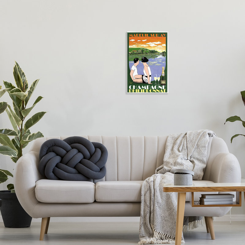 Plaque de champagne rétro avec vue, art par Jean-Pierre Got, H 19 po x l 13 po