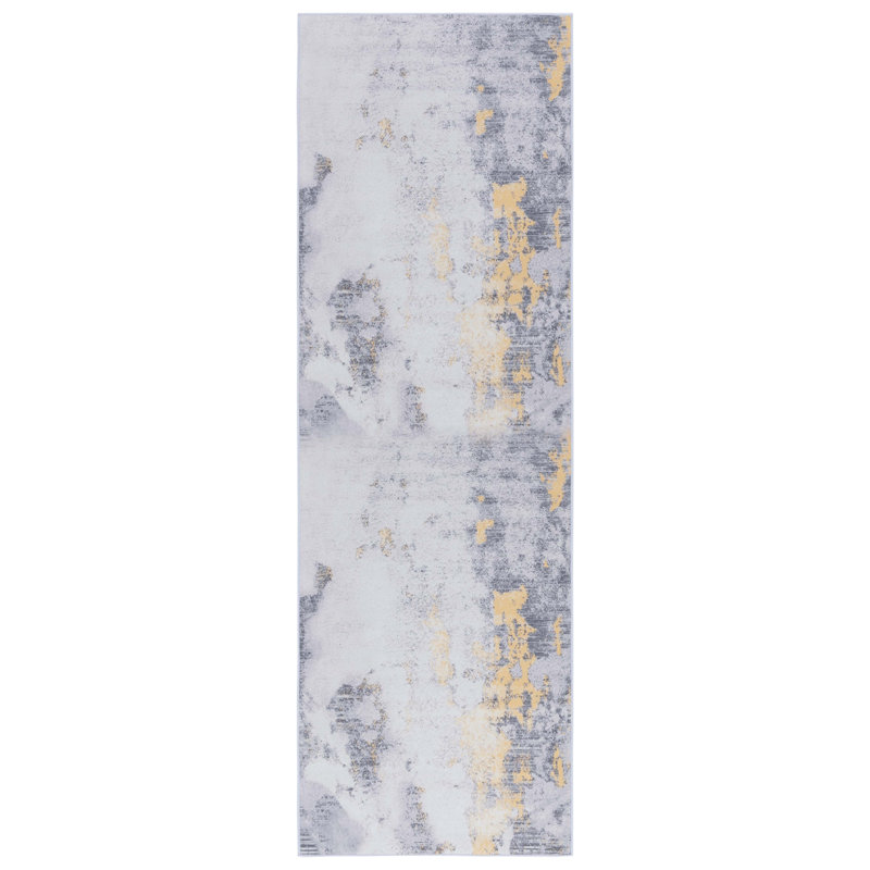 Tacoma Slate Machine Washable Area Rug In Grey & Gold, Runner 76 x 183cm