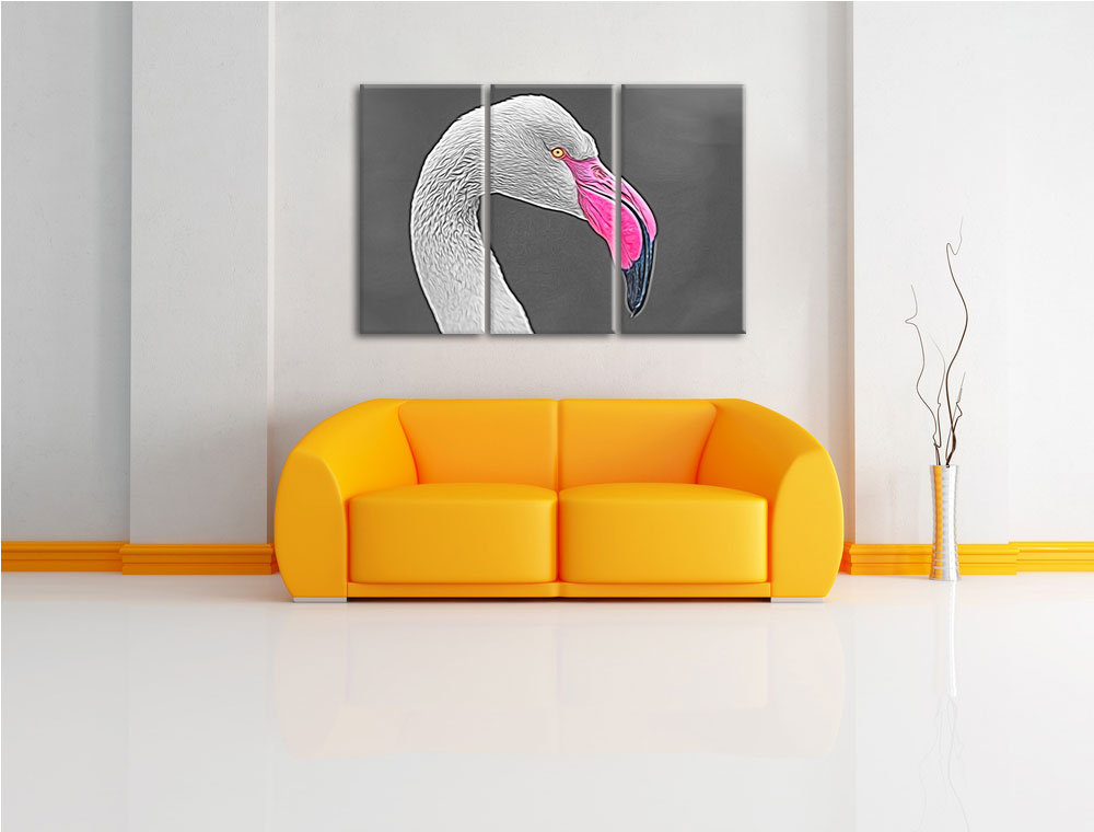 3-tlg. Leinwandbilder-Set „Bildschöner Flamingo im Seitenprofil“, Grafikdruck