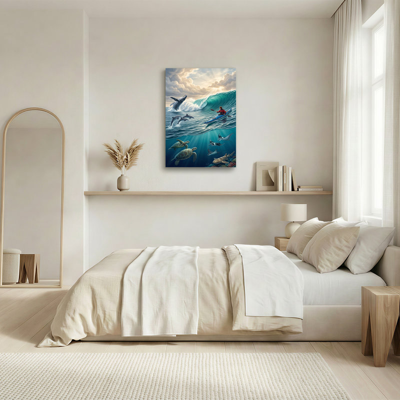 «Blue Kayak and Breaching Whale in Turquoise Wave», art mural sur toile, H 36 po x l 24 po