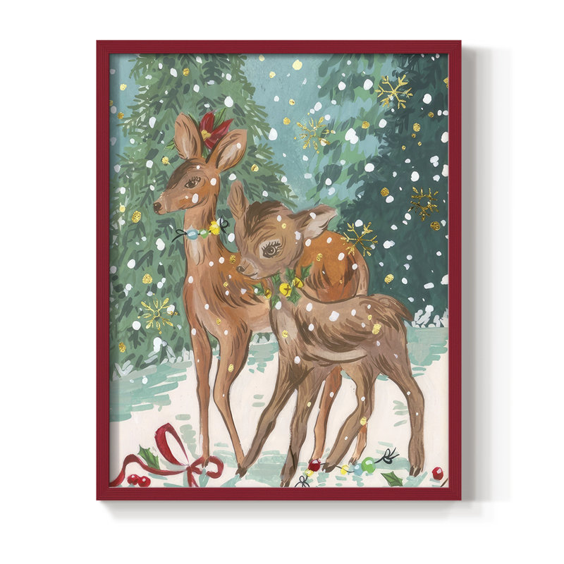 «Doe and Fawn I», reproduction encadrée - bois massif, H 21 po x l 17 po, Rouge