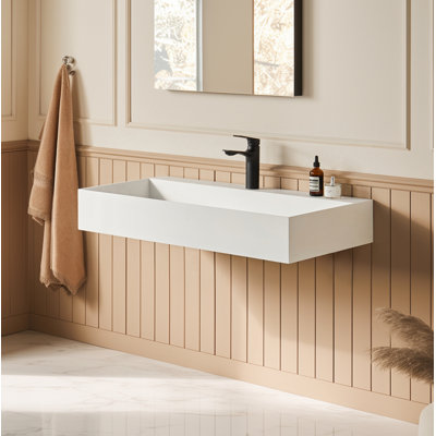 36" X 18" Solid Surface Wall Mount Rectangle Matte White Vessel Sink With Faucet Hole