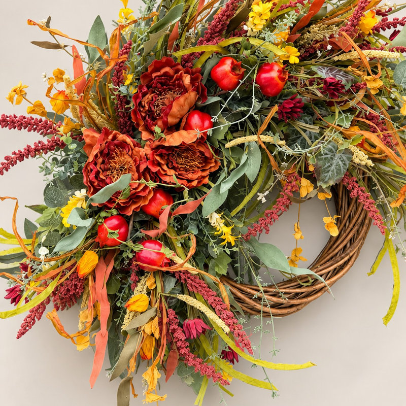 Couronne de porte d'entrée artificielle demi-anneau de 66 cm (26 po) avec pivoines et grenades d'automne et herbes d'automne mélangées - Décoration murale pour la récolte de l'Action de grâce