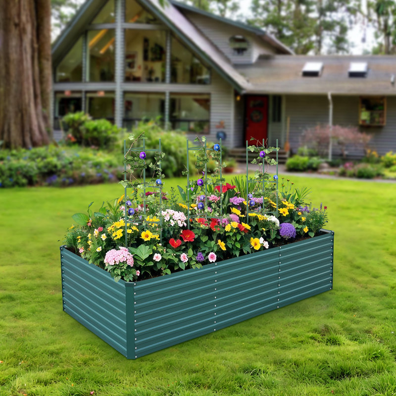 Kymari Galvanized Raised Garden Bed, Multiple Sizes to Choose, Plant Supports Offered, 24" H x 96" W x 48" D, Dark Green, 1