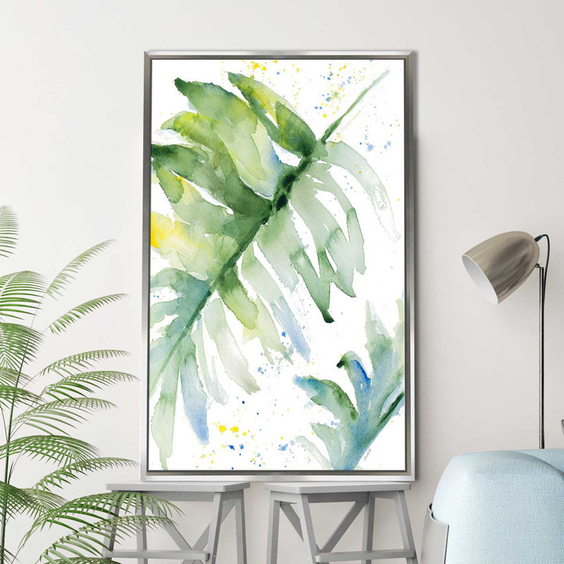 «Swaying Palm Fronds I» par Lanie Loreth, reproduction sur toile, H 33,5 po x l 21,5 po x P 2 po, Cadre flottant argent