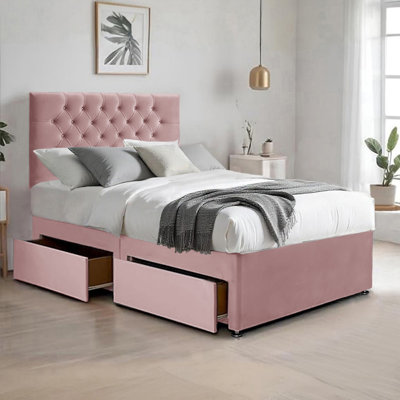 Suede Divan Bed & Mattress Set with 26''Chesterfield Headboard & 10'' Coilspring Foam Mattress, 2 Storage Drawers - Divan Beds