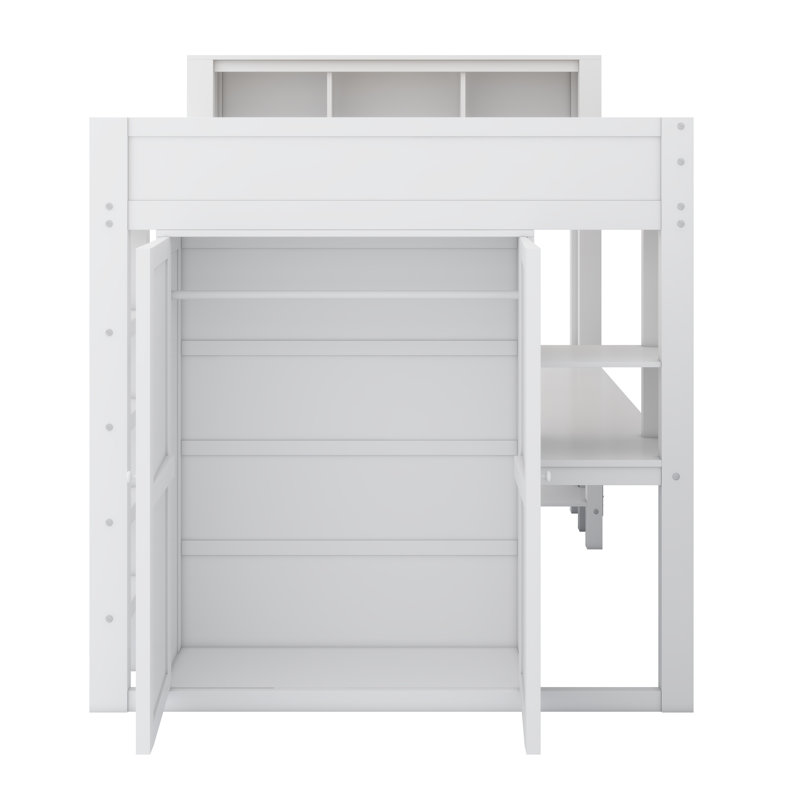 Multifunctional Loft Bed Featuring Storage Headboard, Closet, and Workstation, White
