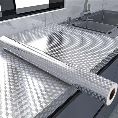 Autocollant ZIBWUON en feuille d'aluminium imperméable, papier peint auto-adhésif amovible pour les cuisines, les comptoirs, les meubles (15,7 po x 394 po, damier argenté)