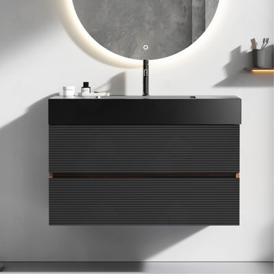 Meuble-lavabo mural de 30 po avec lavabo, grand meuble-lavabo flottant mural pour salle de bain moderne, lavabo une pièce noir sans drain ni robinet, pré-assemblé
