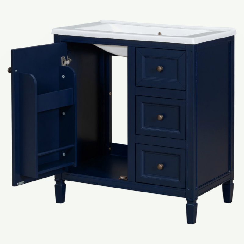 Meuble-lavabo de 30 pouces avec lavabo en céramique, trois tiroirs et deux tablettes de porte, Bleu