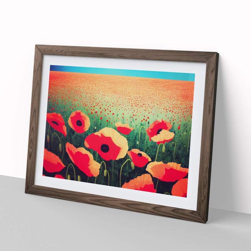 Cheerful Poppy Flowers - Single Picture Frame Print, 34cm H x 46cm W x 2cm D, Walnut
