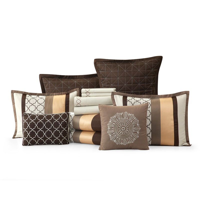 Ensemble de literie moderne en microfibre 16 pièces Avalon, Édredon grand + 15 pièces supplémentaires, Brun