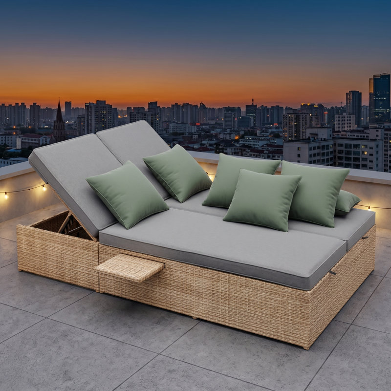 Ensemble de lit de bronzage double TOut Porte, chaises inclinables en rotin PE toutes saisons avec dossier et siège réglables, ensemble de conversation pour patio pour 2 personnes, brun