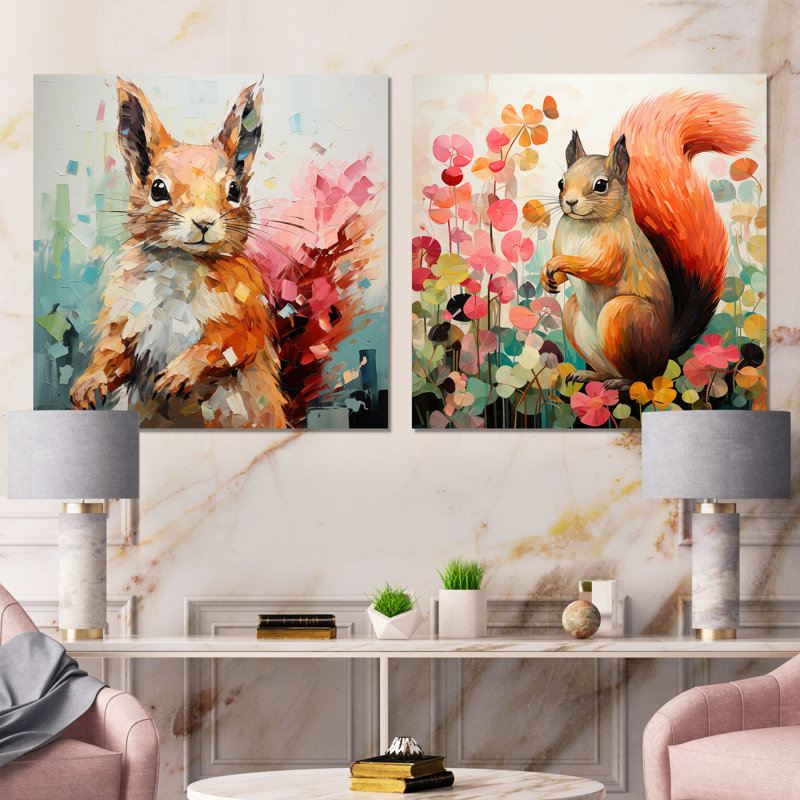 «Pink and Green Squirrel Blooming I», ensemble de 2 reproductions d'art sur toile écureuil, Toile tendue