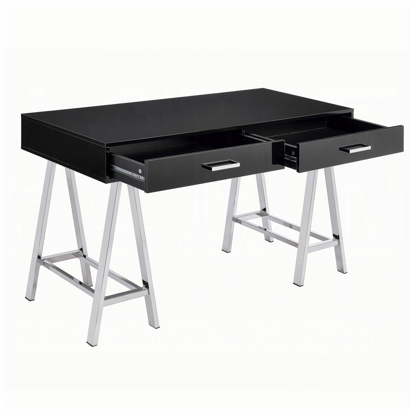 Bureau 2 tiroirs noir brillant et chrome