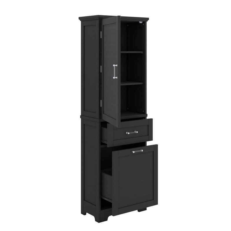 Towering Freestanding Bathroom Storage Cabinet With Two Drawers Of Different Sizes Adjustable Shelf And Painted Board, Black