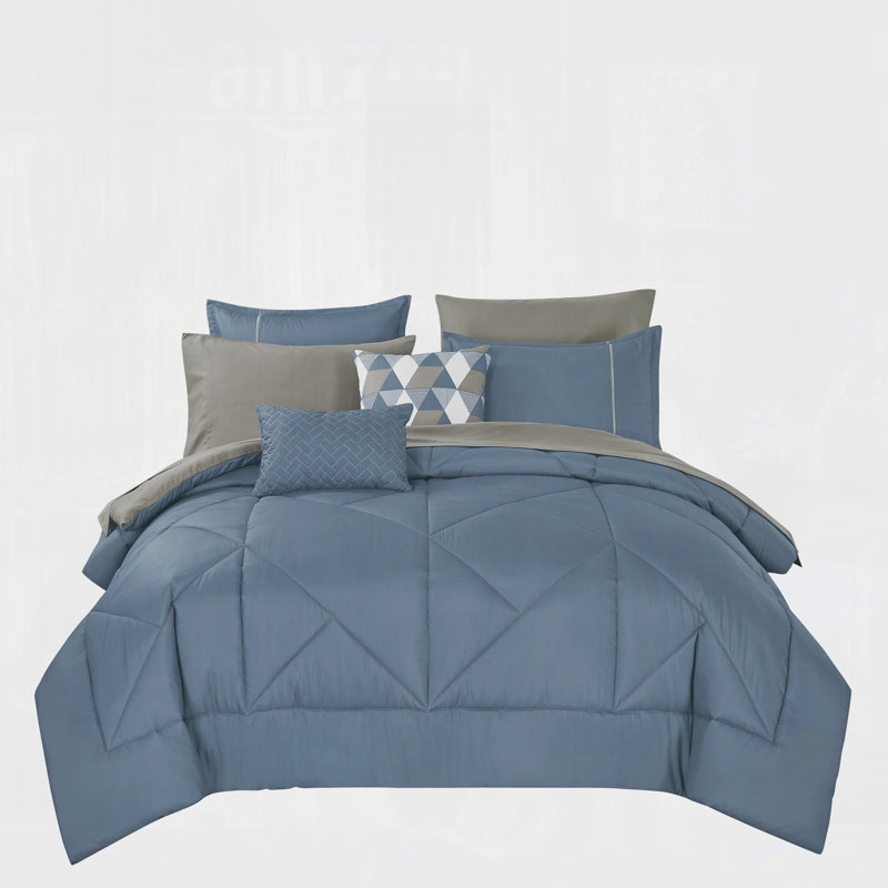 Ensemble d'édredon réversible 9 pièces bleu ardoise et gris avec paquet de draps complet, très grand californien, Bleu