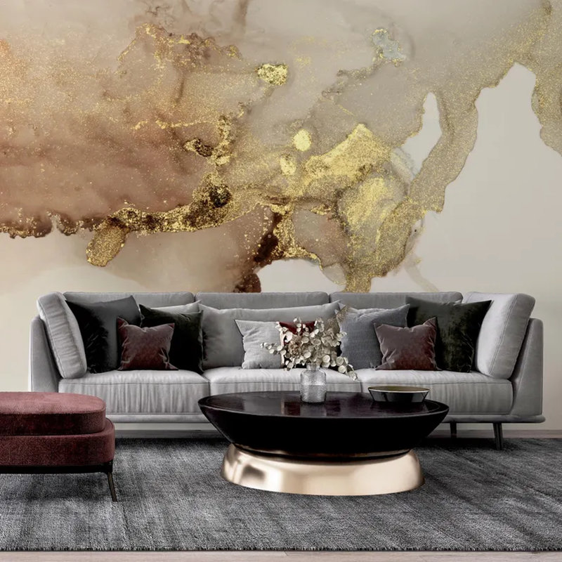 Murale en marbre beige et or abstrait, L 236 po x l 117,96 po