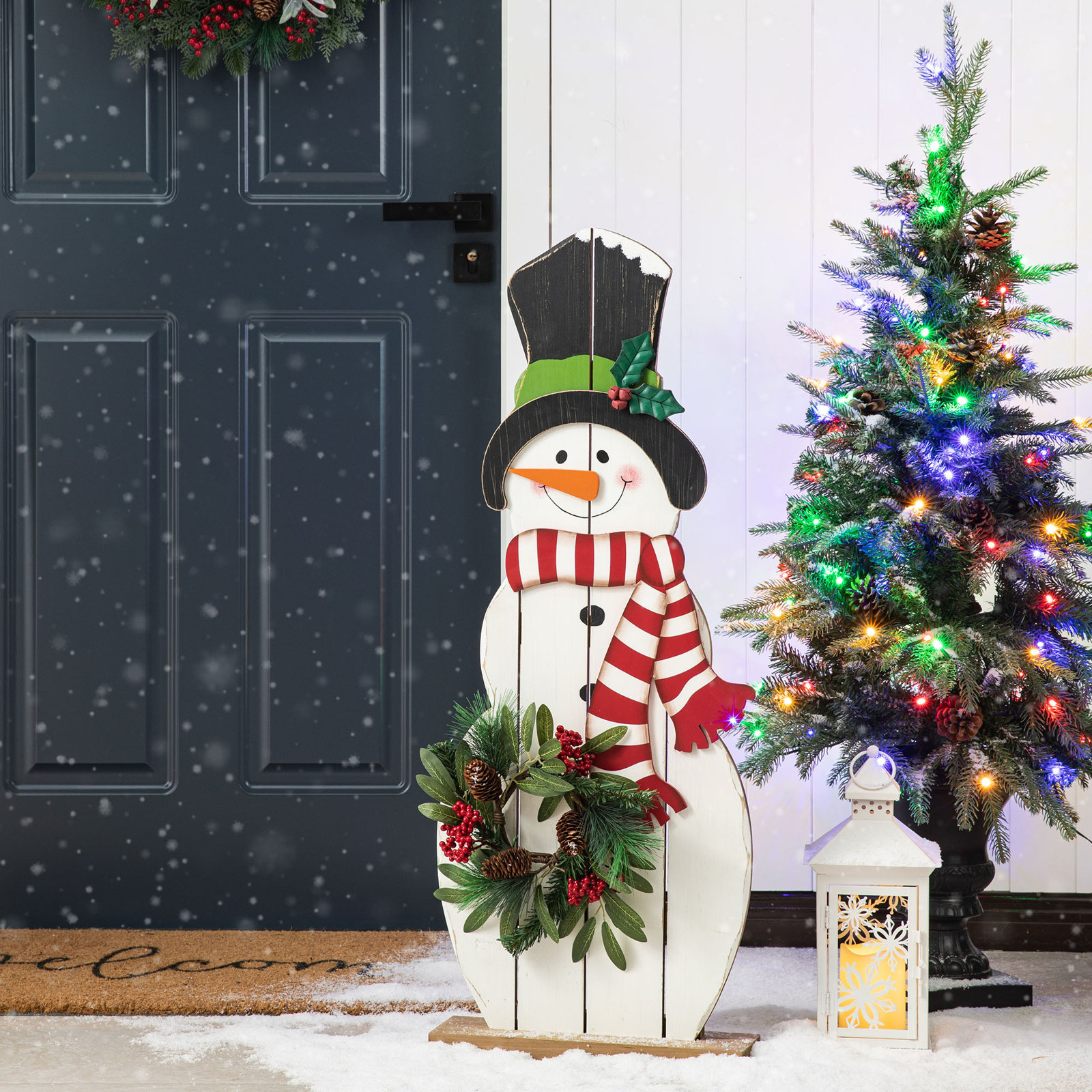 36"H Christmas Wooden Metal Snowman Porch Decor With Floral Wreath(KD)