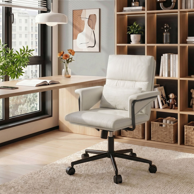 Mid-Back Office Chair with Lumbar Pillow – Adjustable Recline Task Chair, Faux Leather Upholstery for Home & Office, Beige