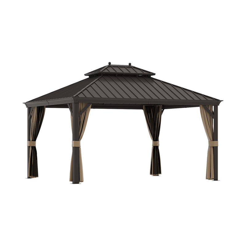 12X14FT Outdoor Hardtop Gazebo with Double Galvanized Steel Roof, Built-In Hooks & Anchored Base for Garden, Patio & Backyard