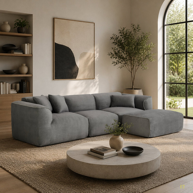 Canapé 4 places avec coussins de siège en éponge pure et repose-pieds détachable, comprenant 3 coussins décoratifs. Idéal pour les salons, les appartements et plus encore.
